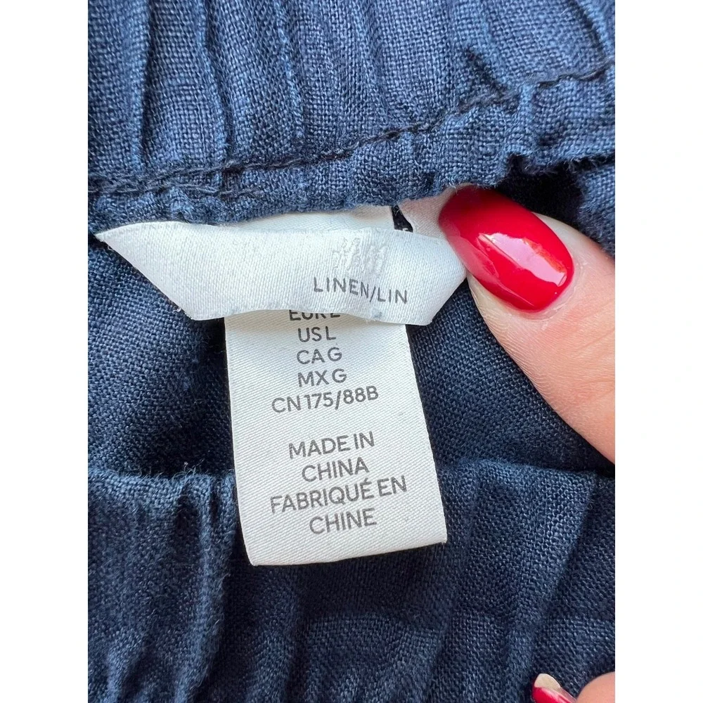 H&M Linen Wide Leg Pants Womens Large 34x26 Navy Blue Lightweight Pull On